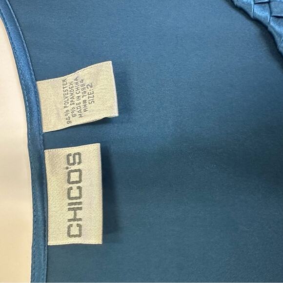 PRICED TO SELL!! Chico’s Blue Sleeveless Satin Top, Size 2, Braided Trim - Picture 9 of 11